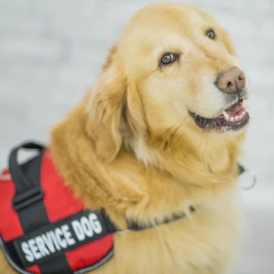 golden service dog wearing a vest